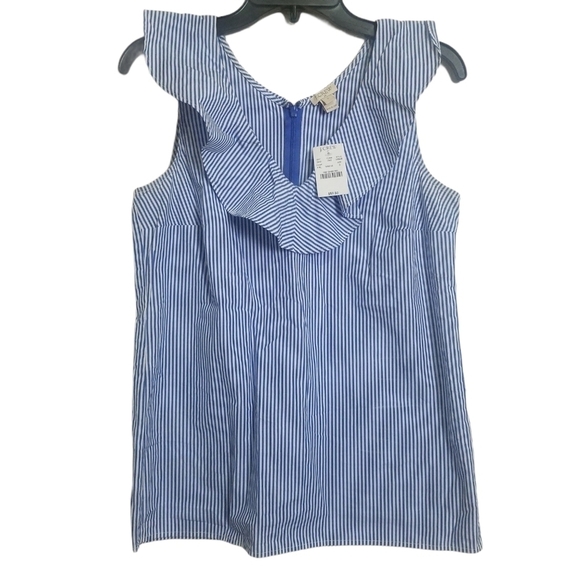 J. Crew Blue & White Stripe V Neck Ruffle Blouse 0 - Picture 1 of 4
